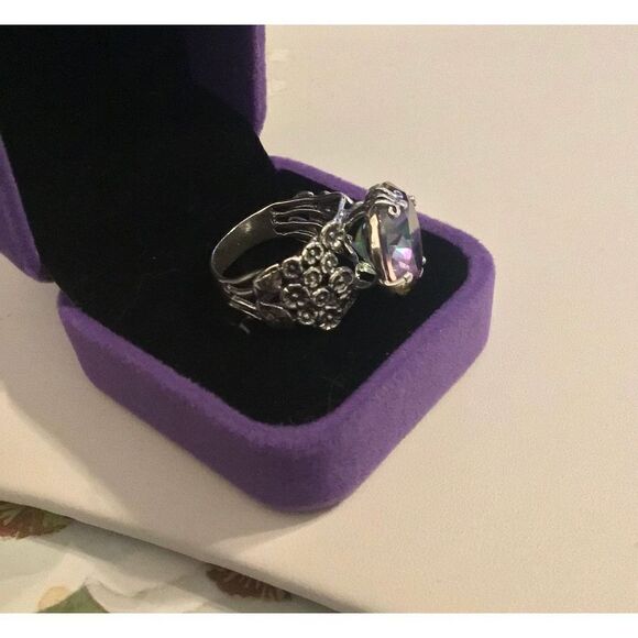 WOW~12.5 Ct. Round Mystic Topal Bold Floral Design Ring~925SS~Sz 9 - Picture 3 of 7